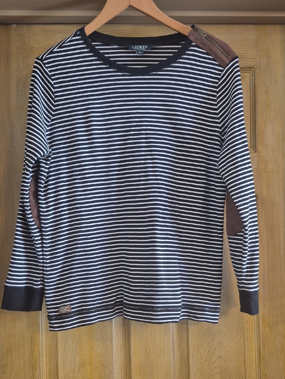 Lauren Ralph Lauren Black White Striped 100% Cotton Shirt With Suede Elbow Patch
